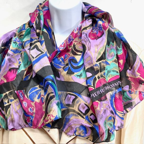 Pierre Balmain Silk Scarf  chiffon satin multi color red black purple 62X31 (50) - Picture 4 of 6